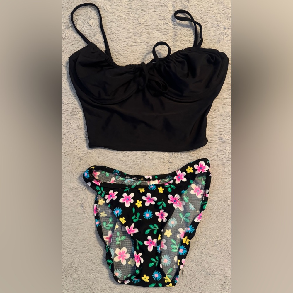 Victoria's Secret Y2K Black & Pink Floral Neon Multi Peasant Style Bikini Set
